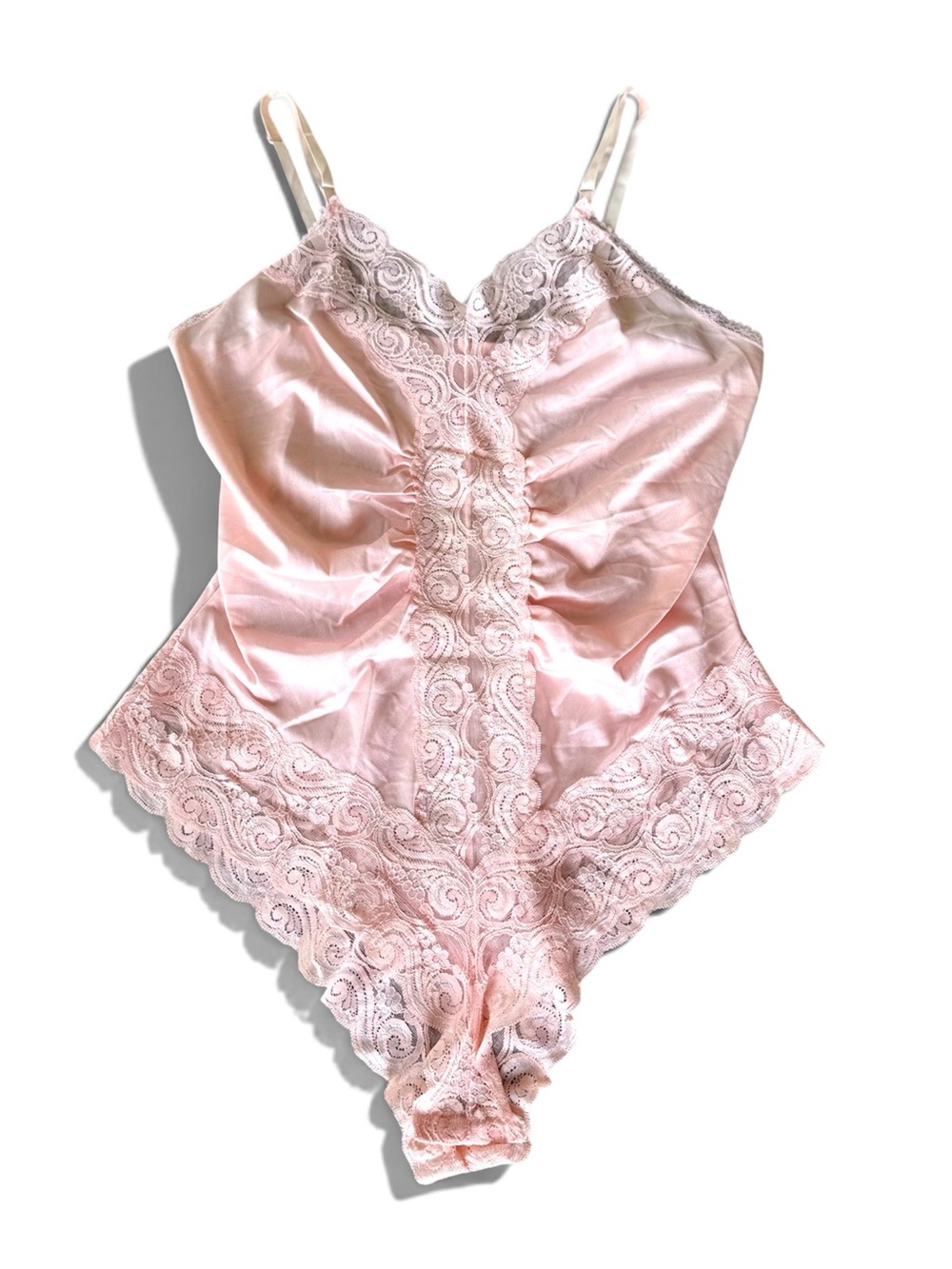 Vintage 70s or 80s Pink Lace Chemise Bodysuit Playsuit Size Small / Medium